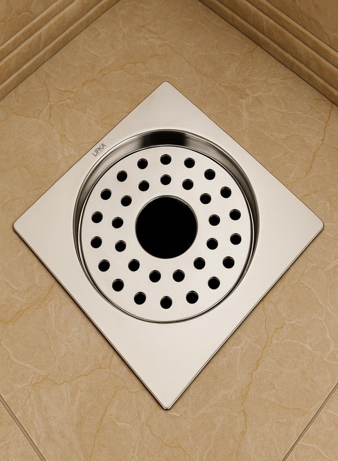 LIPKA 5 x 5 Inches Eon Square Flat Cut Plain Jali Floor Drain with Hole | Premium Stainless Steel | Floor Drain for Bathroom Silver - Image 1